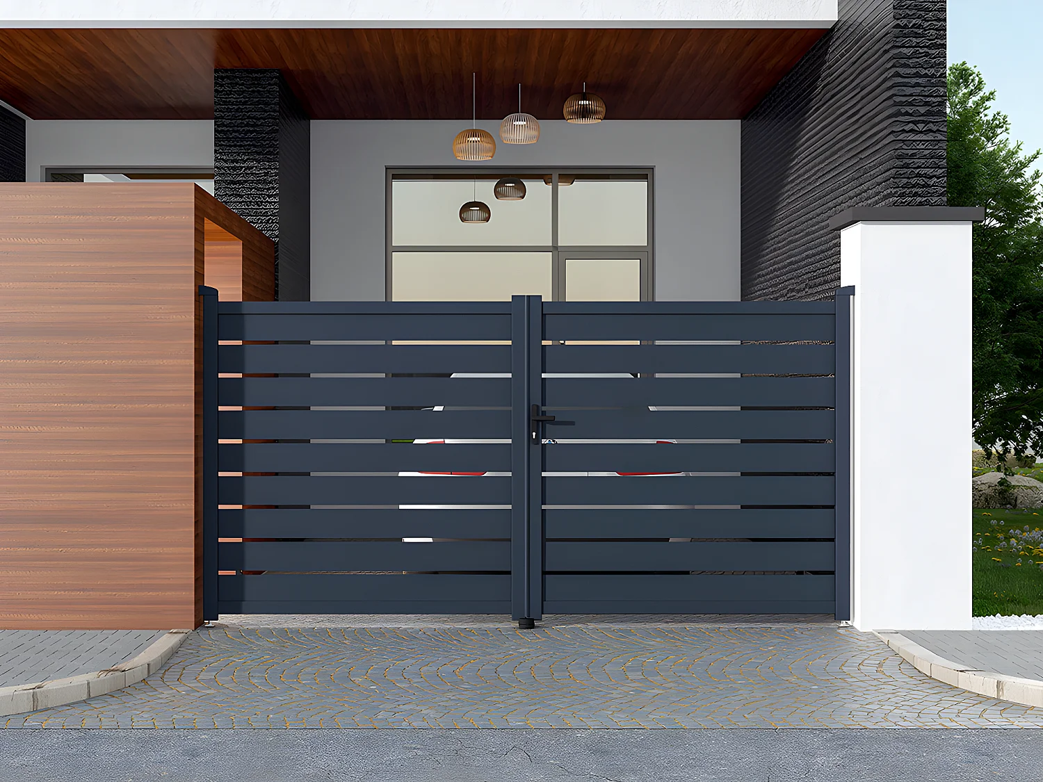 Pack portão de batente perfurado antracite em alumínio de C350 x A176 cm + Motor RIVE - PRIMO