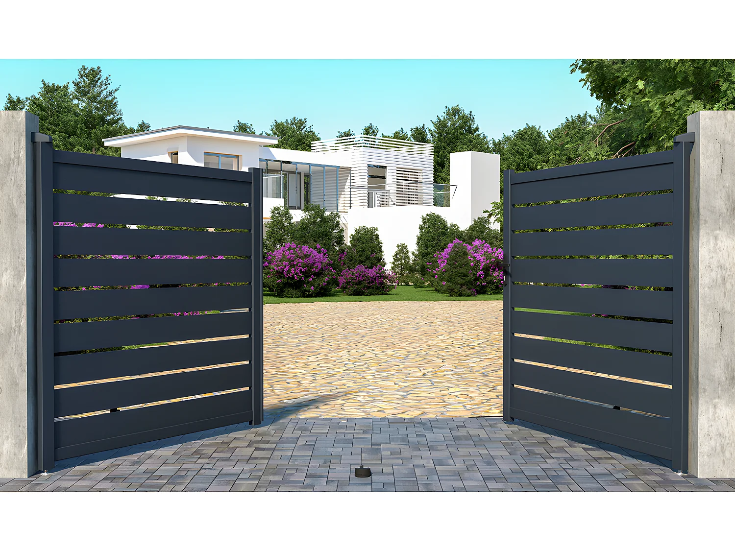 Pack portão de batente perfurado antracite em alumínio de C350 x A176 cm + Motor RIVE - PRIMO