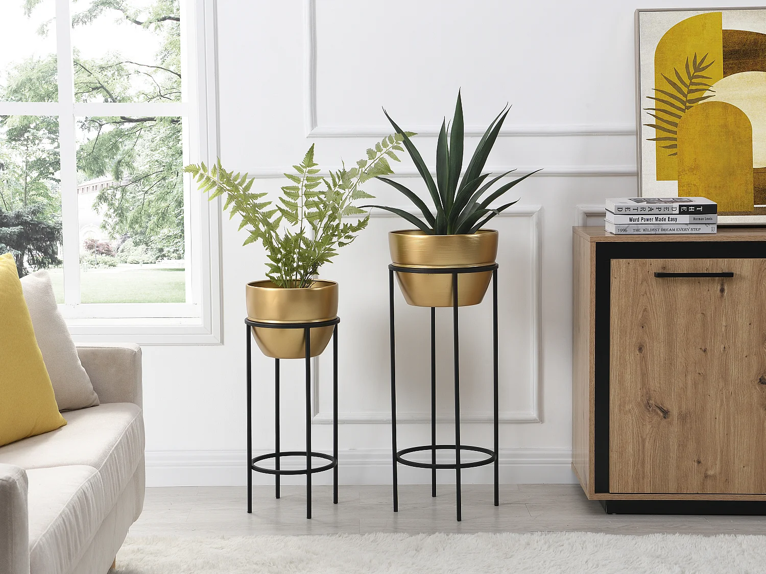 Lot de 2 cache-pots sur pied en métal - D. 25 x H. 61 cm et D. 30 x H. 77 cm - Doré et noir -  NABA