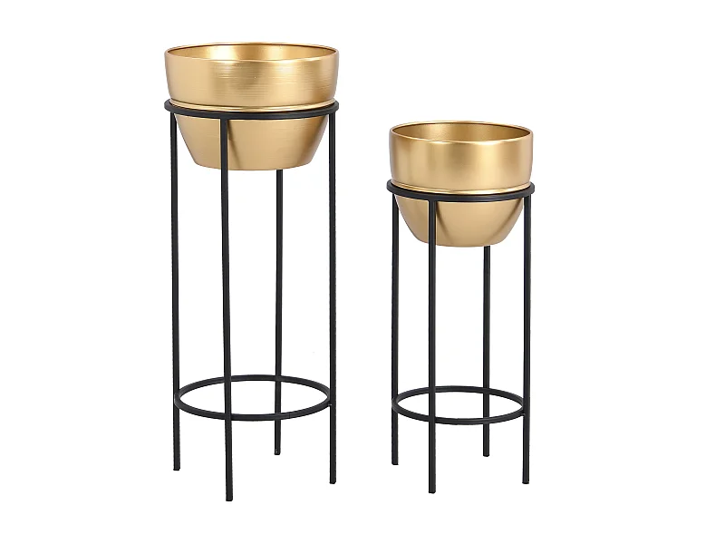 Lot de 2 cache-pots sur pied en métal - D. 25 x H. 61 cm et D. 30 x H. 77 cm - Doré et noir -  NABA