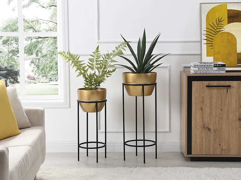 Lot de 2 cache-pots sur pied en métal - D. 25 x H. 61 cm et D. 30 x H. 77 cm - Doré et noir -  NABA