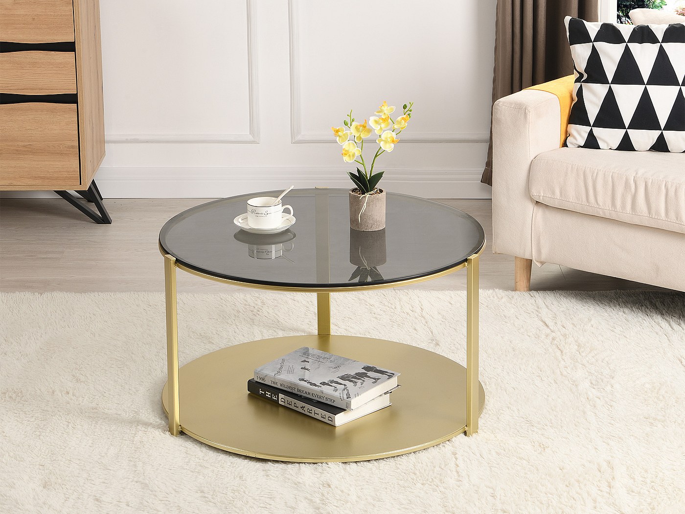 Tavolino Moderno In Metallo Dorato – Design Numero 5/2, 3 Ripiani – Comodino Unico Senza Montaggio