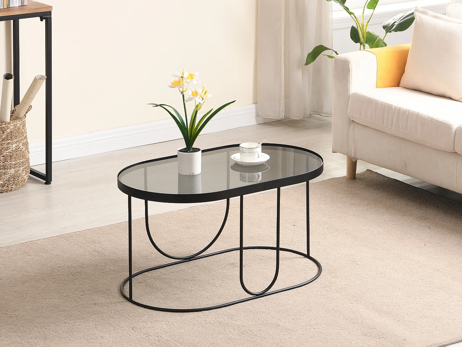 Table basse en métal et verre fumé - Noir et Transparent - PRETORIA