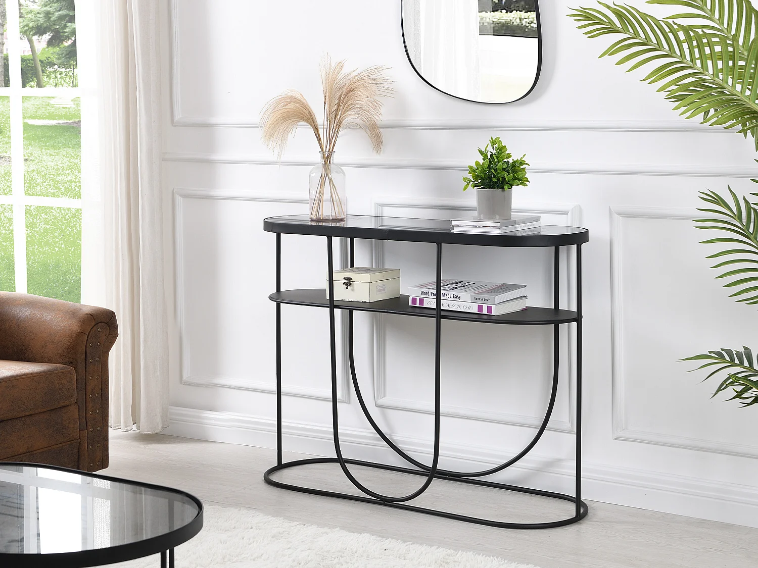 Console avec 1 étagère en métal et verre fumé - Noir et Transparent - PRETORIA
