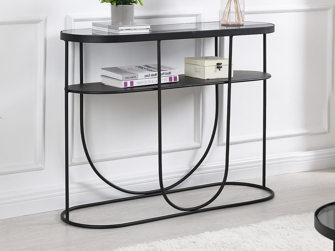 Console avec 1 étagère en métal et verre fumé - Noir et Transparent ...