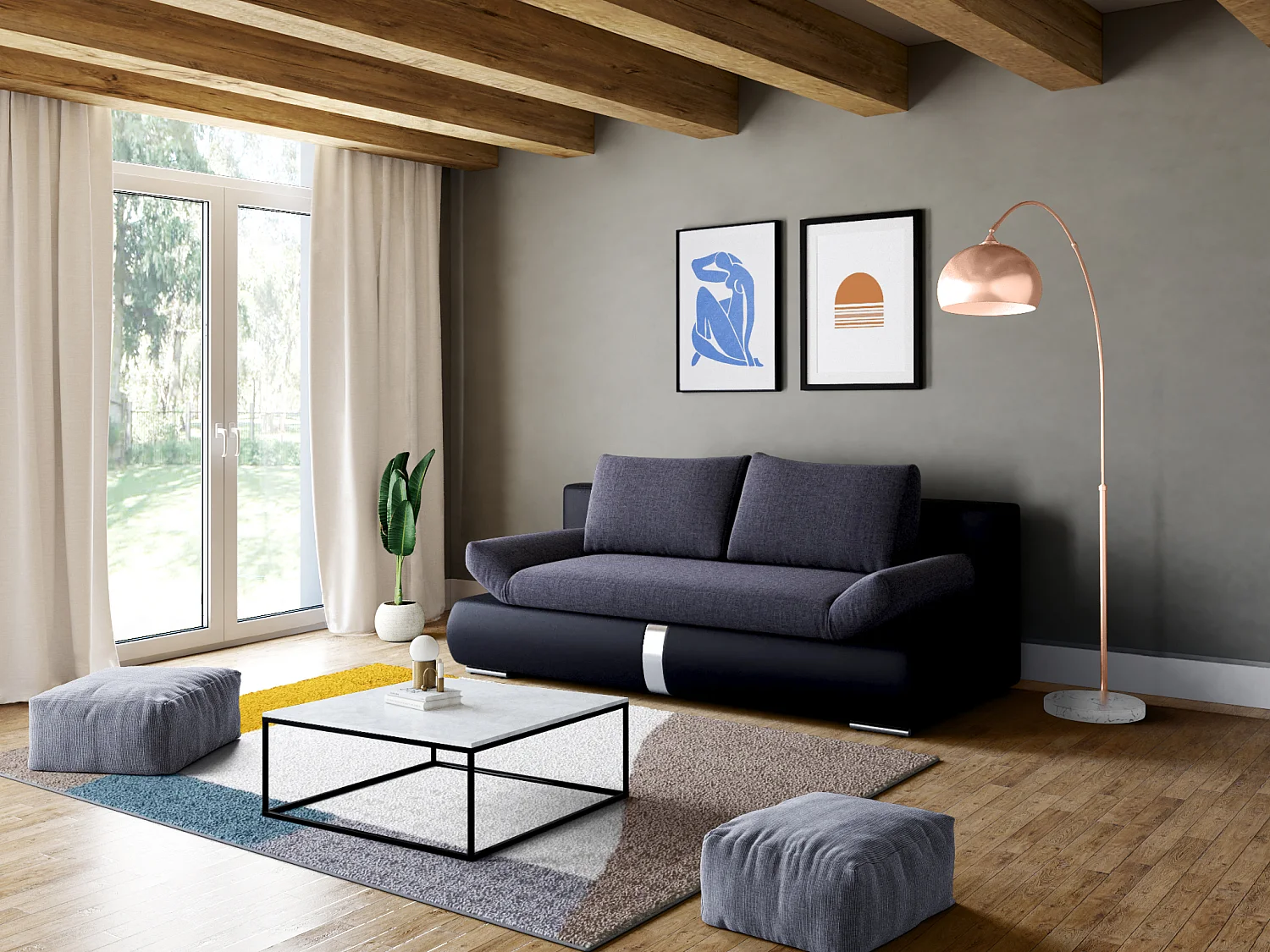 Grote staande lamp met boog art déco OMBRAGE - Metaal en marmer - H180 cm - Koperkleurig