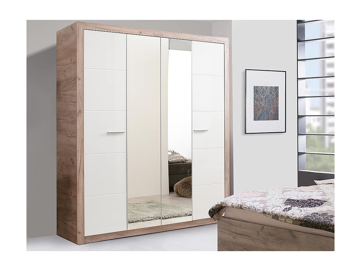 Armario 4 puertas con espejo roble y blanco Ancho 179,5 cm. SALYAN