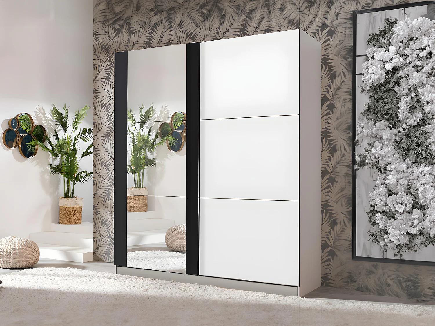 Armoire SUTERA - 2 portes coulissantes - Avec miroir - L.217 cm - Blanc et noir
