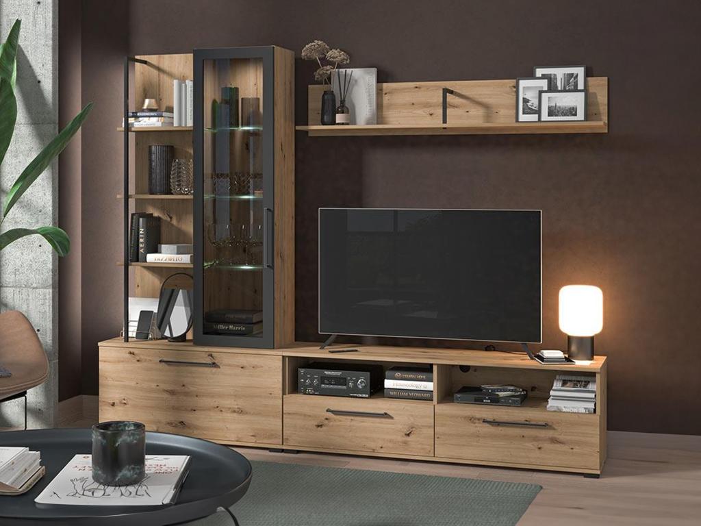 TV-Wand mit Stauraum - Eichefarben & Schwarz - DUBLIN günstig online kaufen
