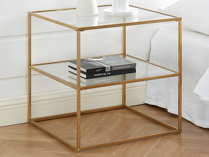 Mesa de noche KOHANA - Cristal templado y acero - Dorado