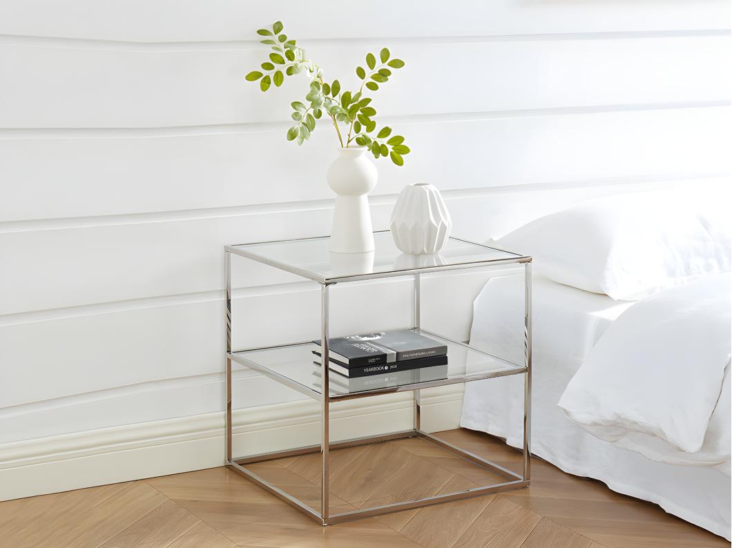 Mesa de noche KOHANA - Cristal templado y acero - Plata