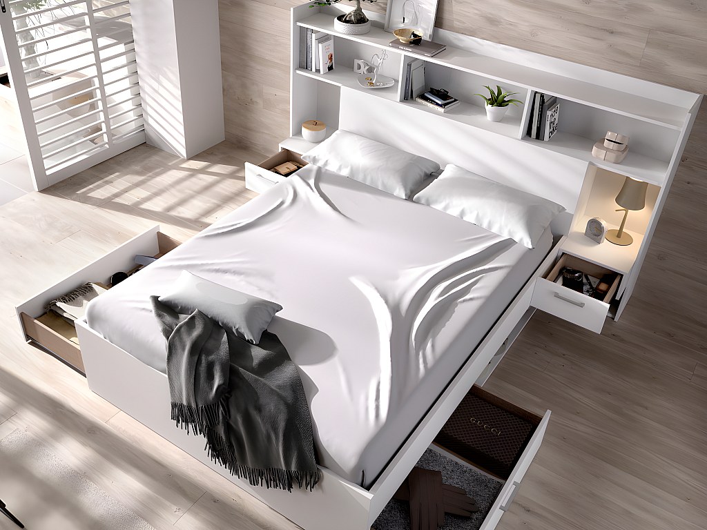 Cama 140 x 190 cm con compartimentos y mesas de noche color blanco KEVIN