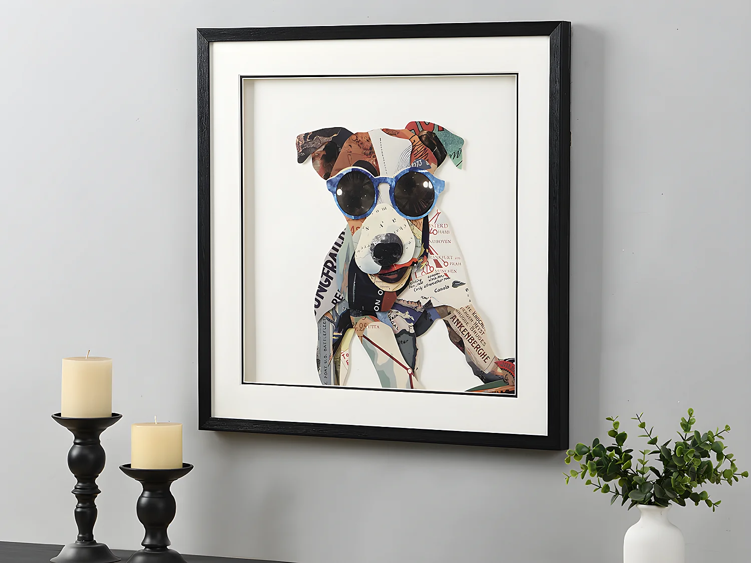 Tableau collage chien effet 3D MAMBO avec cadre noir - 60 x 60 cm - Multicolore