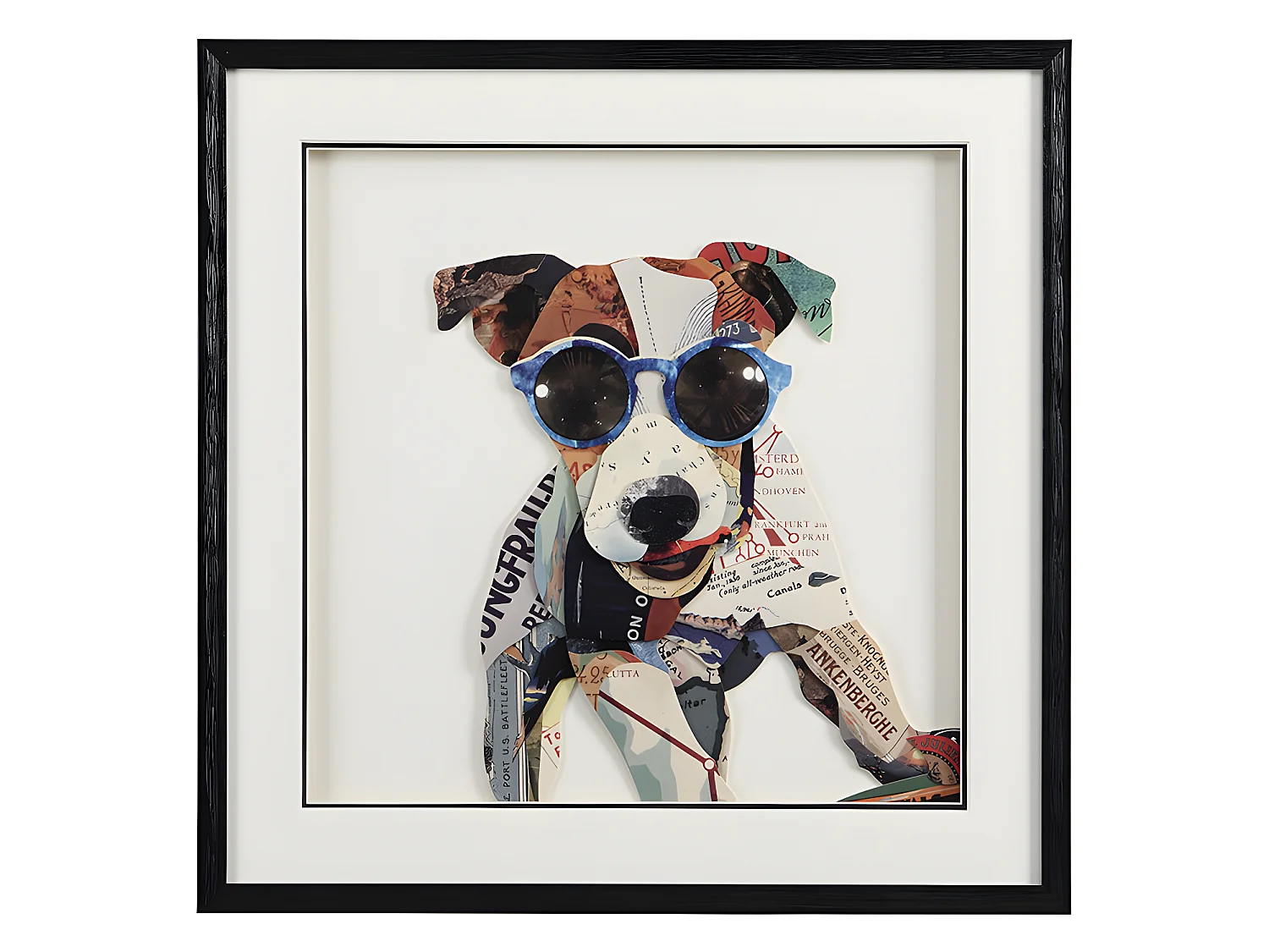 Tableau collage chien effet 3D MAMBO avec cadre noir - 60 x 60 cm - Multicolore