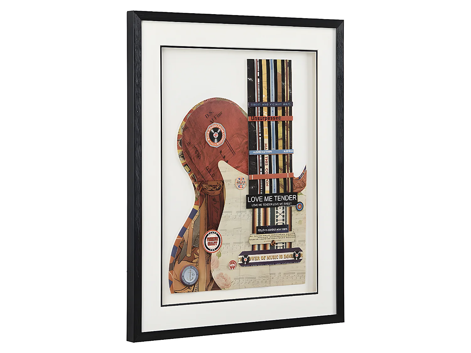 Tableau collage guitare effet 3D HERO avec cadre noir - 50 x 70 cm - Multicolore