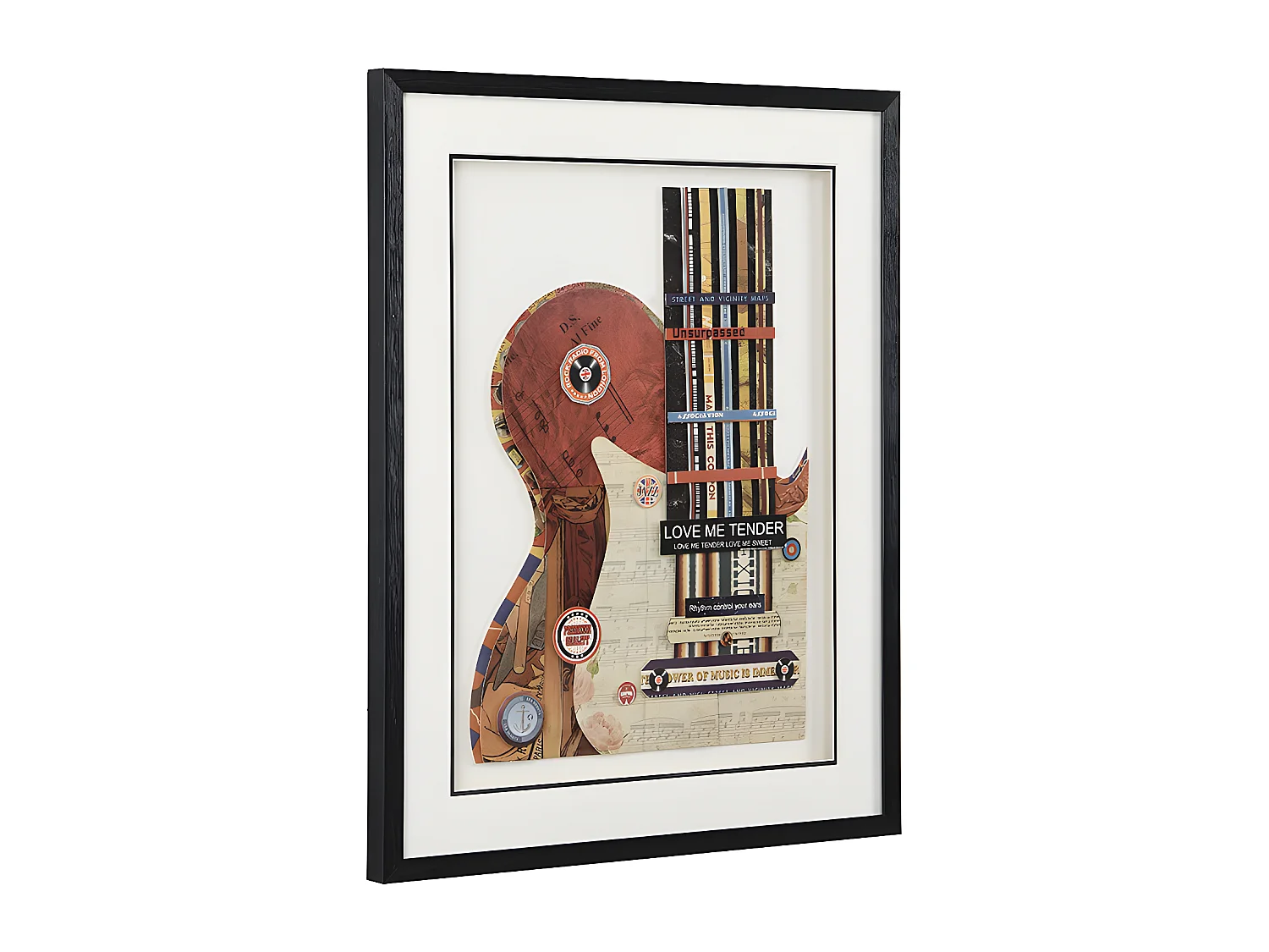 Quadro multicolor colagem guitarra efeito 3D com moldura preta de 50 x 70 cm - HERO