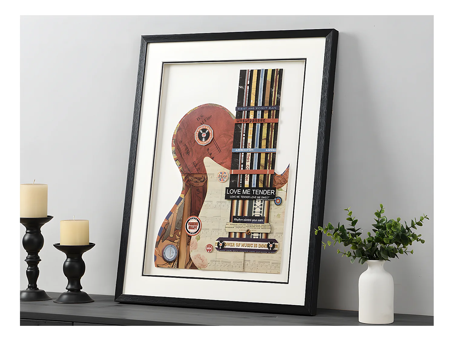 Quadro multicolor colagem guitarra efeito 3D com moldura preta de 50 x 70 cm - HERO