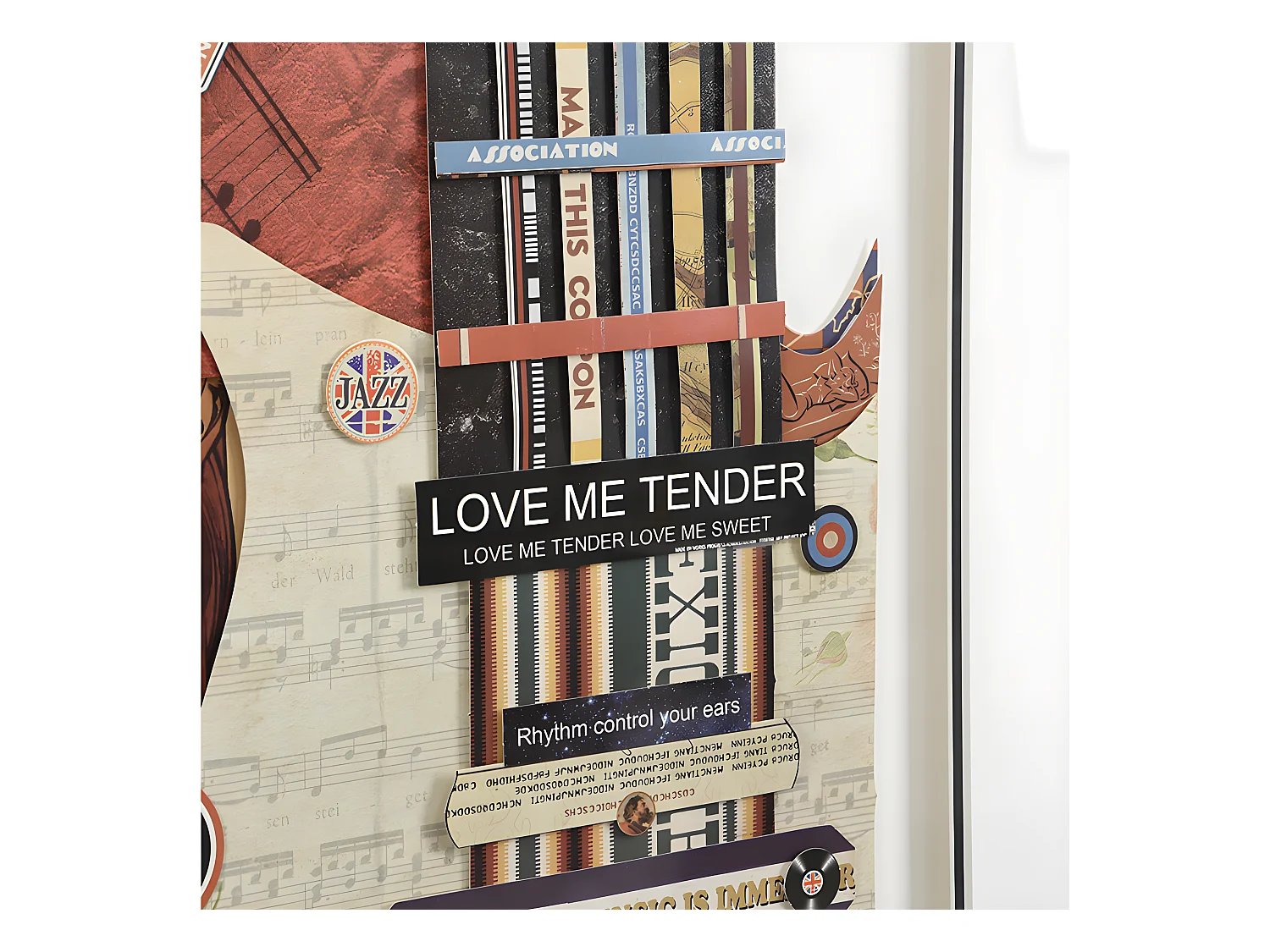 Quadro multicolor colagem guitarra efeito 3D com moldura preta de 50 x 70 cm - HERO