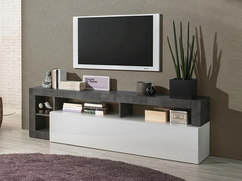 TV-Möbel mit 1 Tür & 4 Ablagen - Weiß lackiert & Beton-Optik - SEFRO