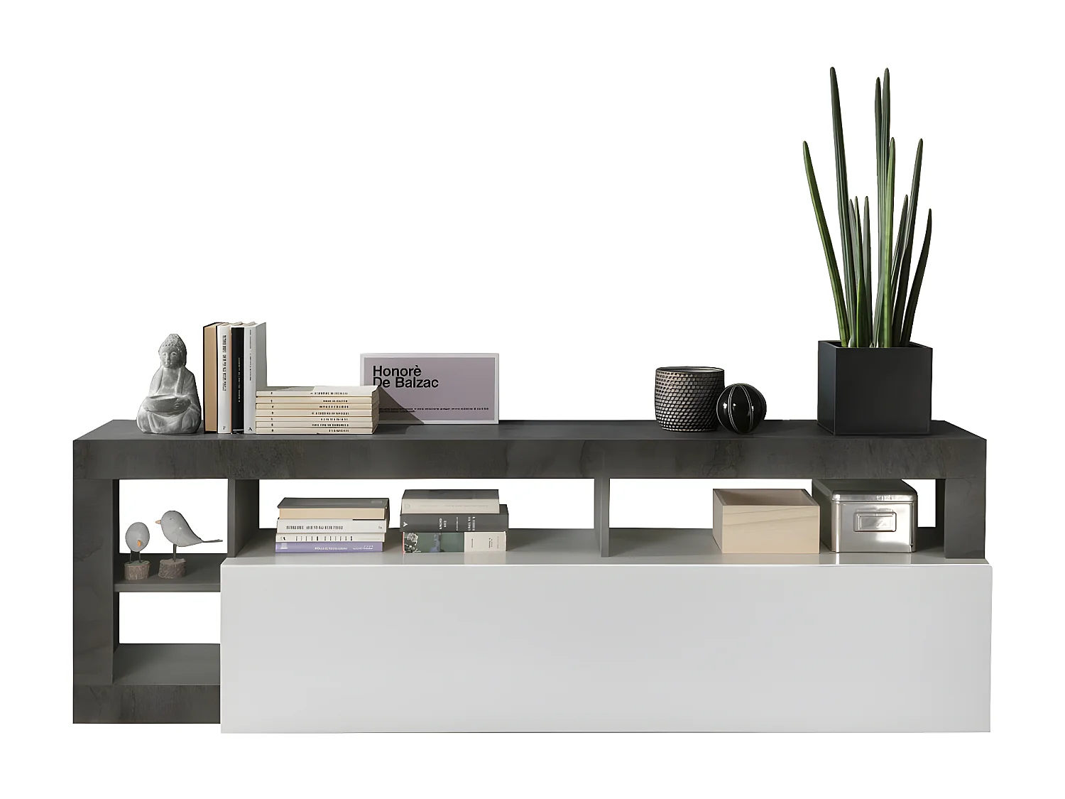 TV-Möbel mit 1 Tür & 4 Ablagen - Weiß lackiert & Beton-Optik - SEFRO