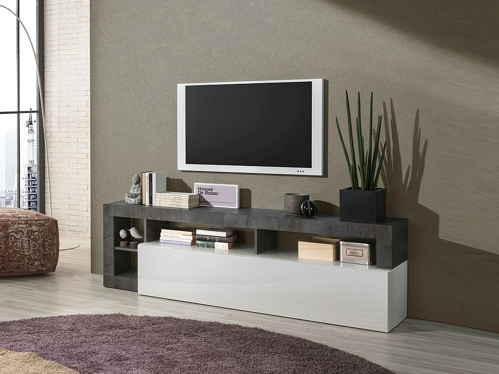 Meuble TV SEFRO - 1 porte et 4 niches - Blanc laqué et béton