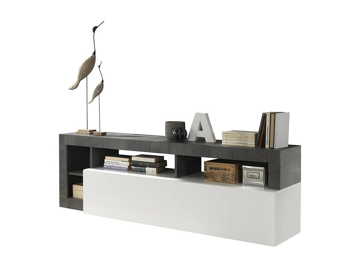 Meuble TV SEFRO - 1 porte et 4 niches - Blanc laqué et béton