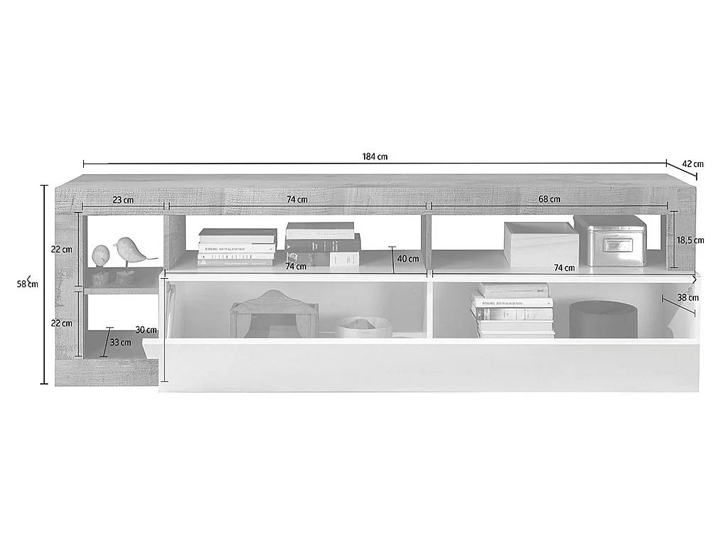 Meuble TV SEFRO - 1 porte et 4 niches - Blanc laqué et béton