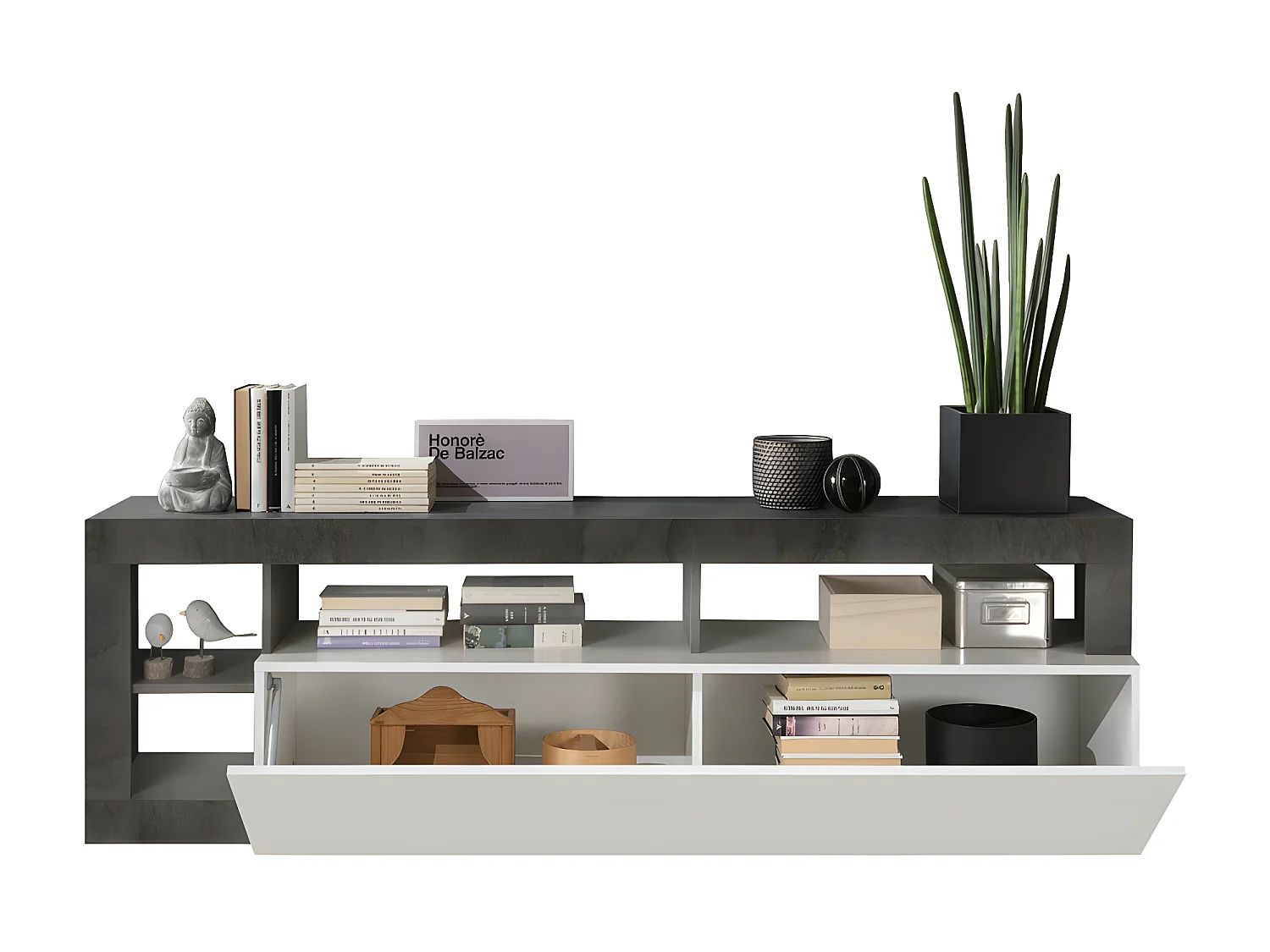 Meuble TV SEFRO - 1 porte et 4 niches - Blanc laqué et béton