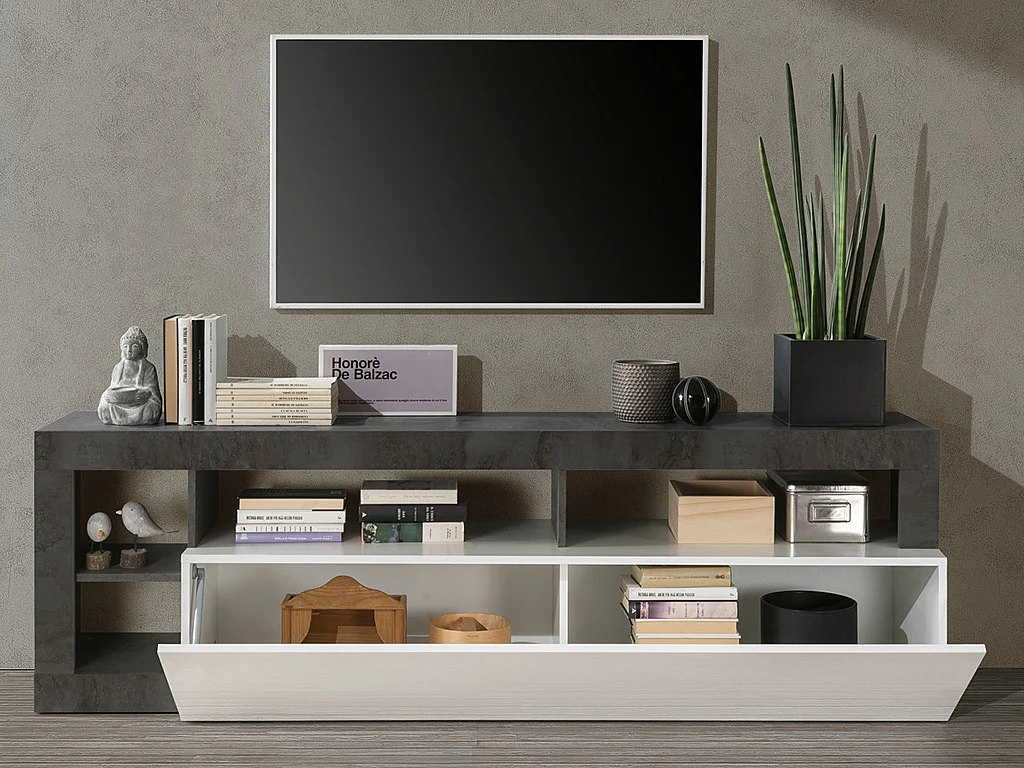 Meuble TV SEFRO - 1 porte et 4 niches - Blanc laqué et béton