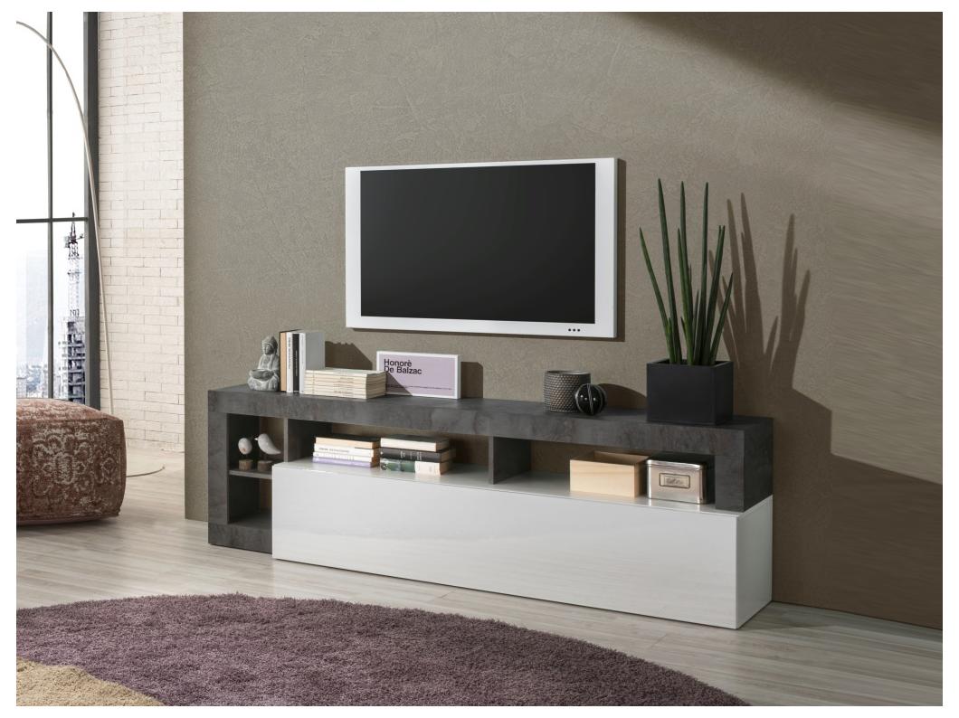 Meuble TV SEFRO - 1 porte et 4 niches - Blanc laqué et béton