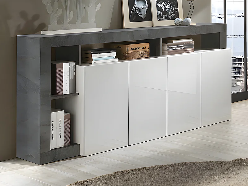 Sideboard mit 4 Türen & 4 Ablagen - Weiß lackiert & Beton-Optik - SEFRO