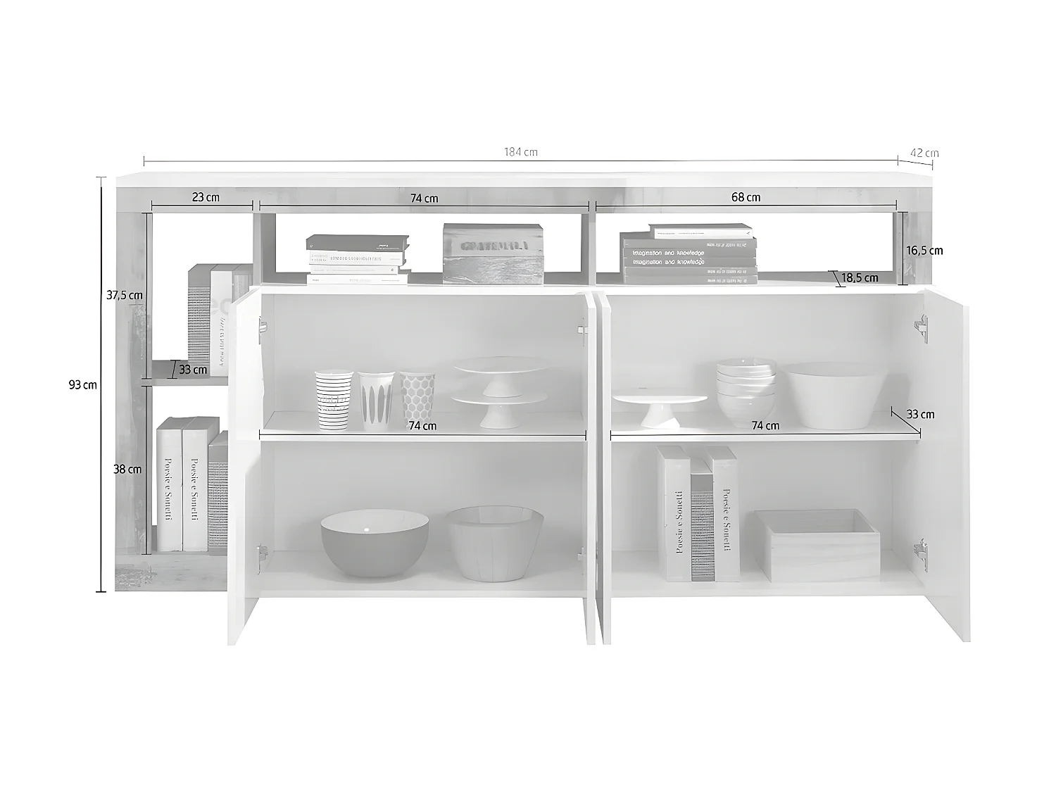 Buffet SEFRO - 4 portes et 4 niches - Blanc laqué et béton