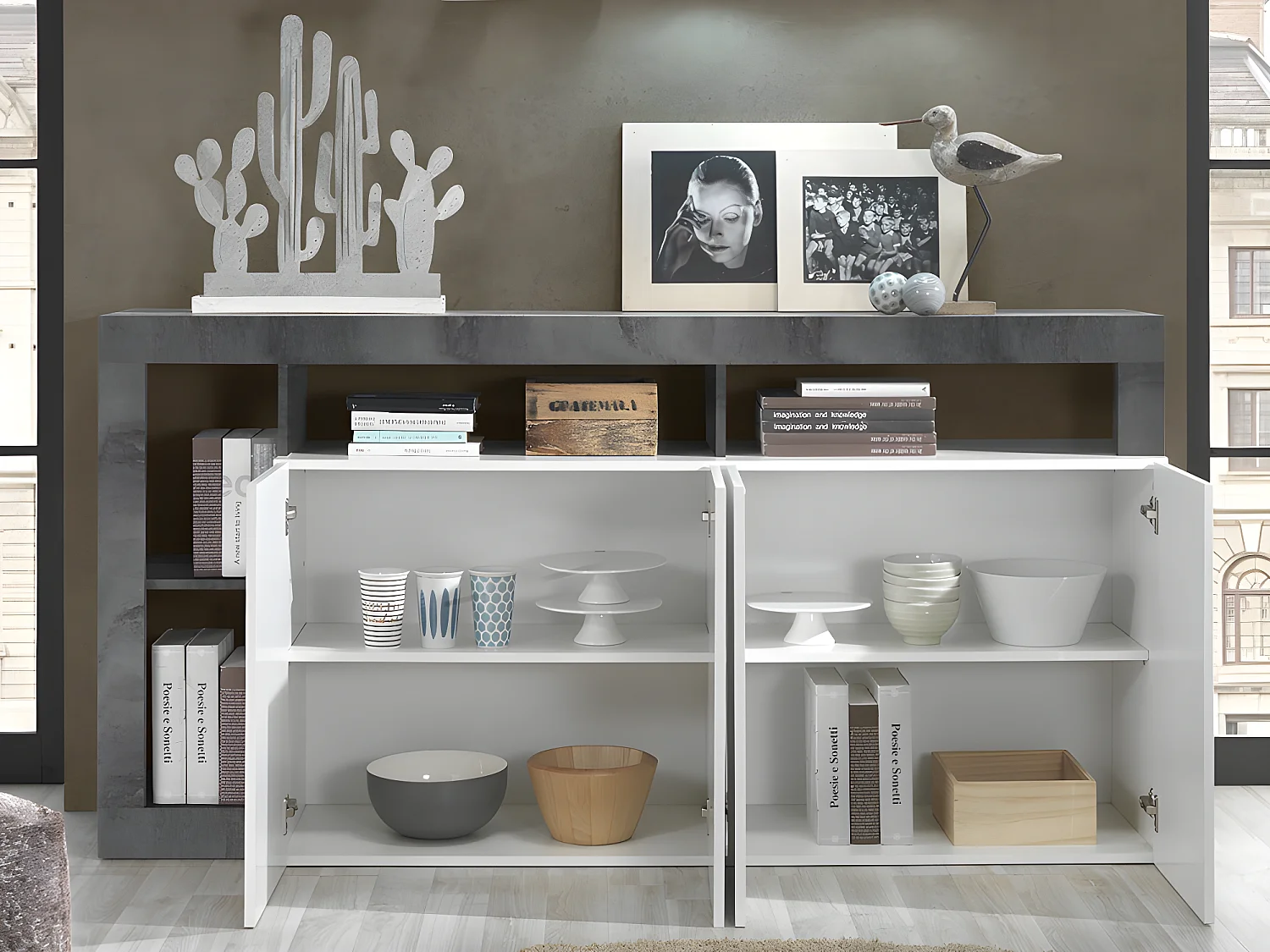 Buffet SEFRO - 4 portes et 4 niches - Blanc laqué et béton