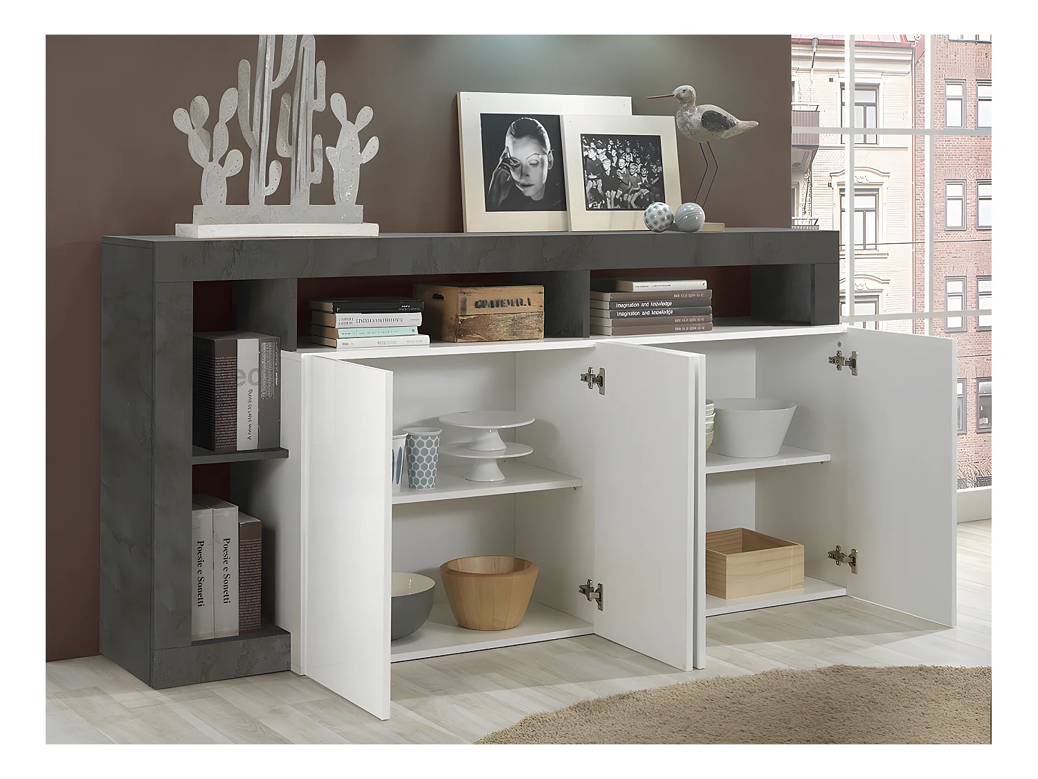 Buffet SEFRO - 4 portes et 4 niches - Blanc laqué et béton