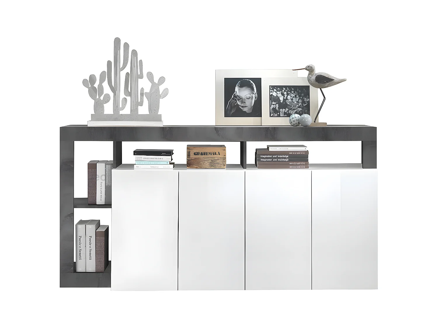 Buffet SEFRO - 4 portes et 4 niches - Blanc laqué et béton