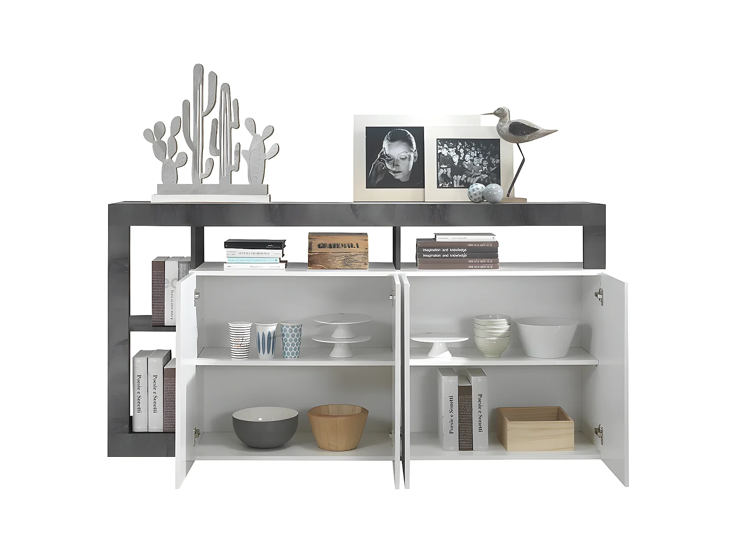 Buffet SEFRO - 4 portes et 4 niches - Blanc laqué et béton