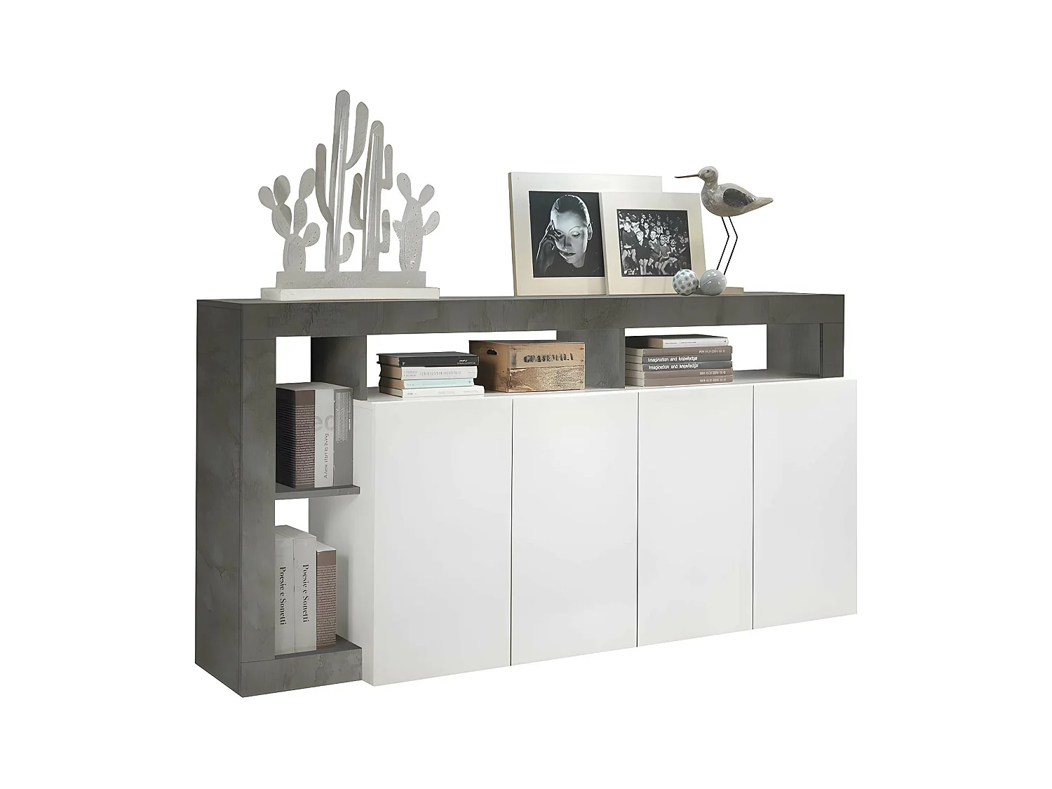 Buffet SEFRO - 4 portes et 4 niches - Blanc laqué et béton