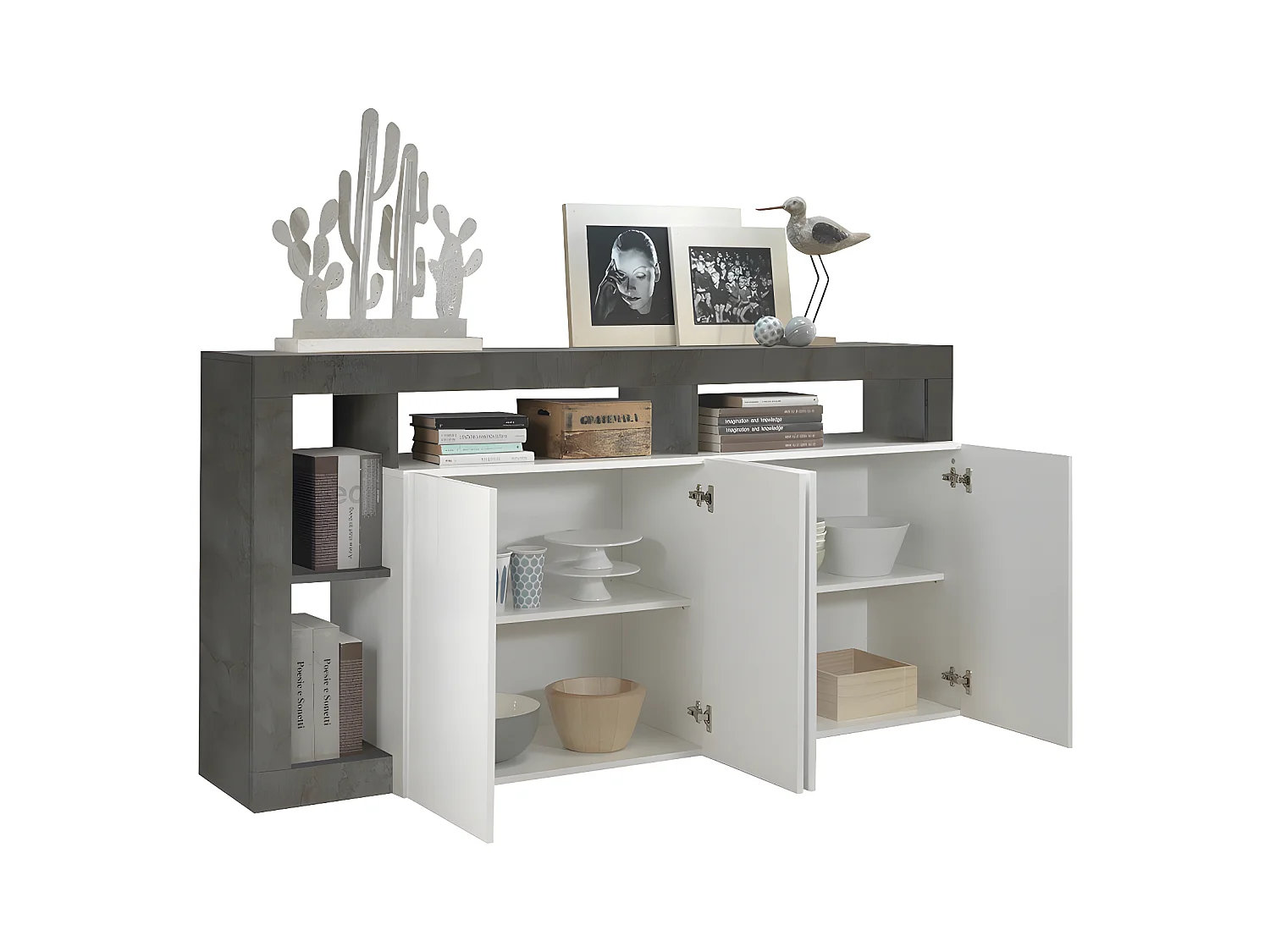 Buffet SEFRO - 4 portes et 4 niches - Blanc laqué et béton