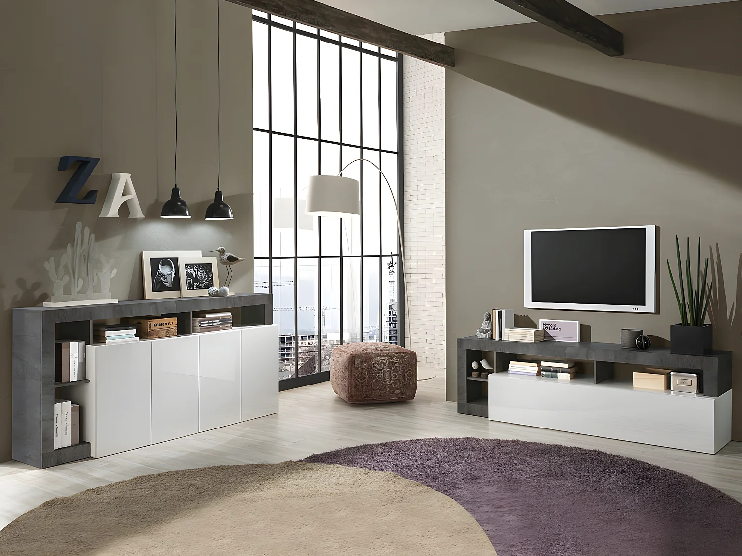 Buffet SEFRO - 4 portes et 4 niches - Blanc laqué et béton