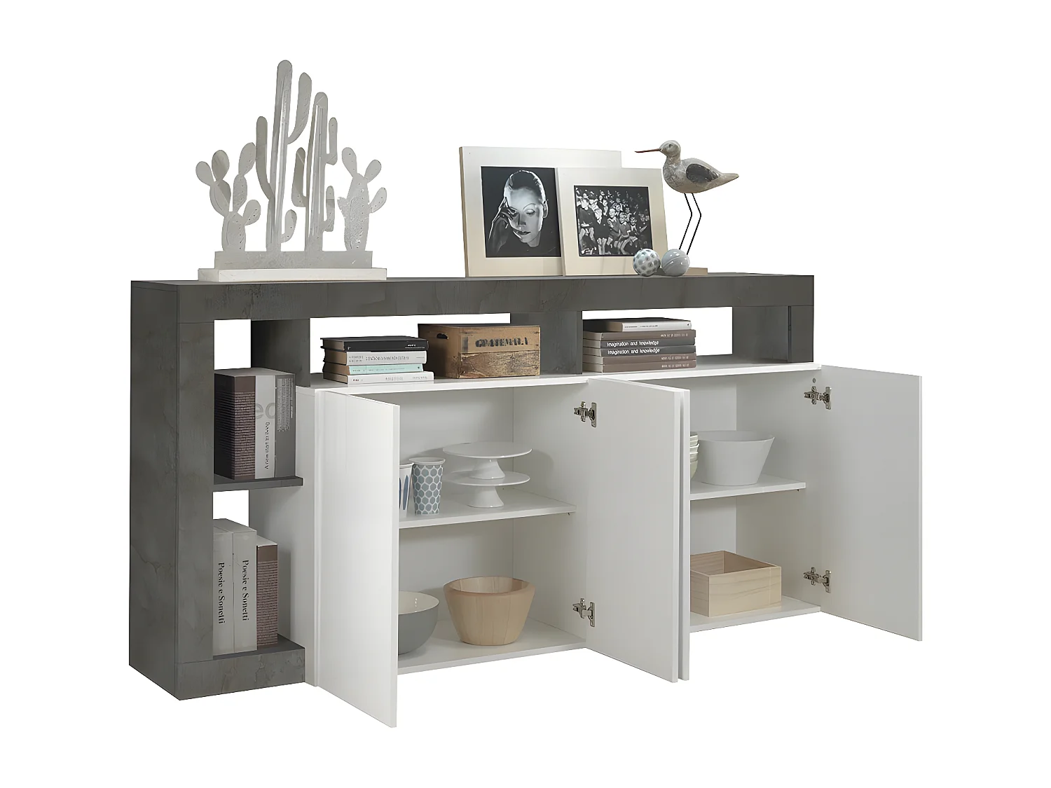 Buffet SEFRO - 4 portes et 4 niches - Blanc laqué et béton