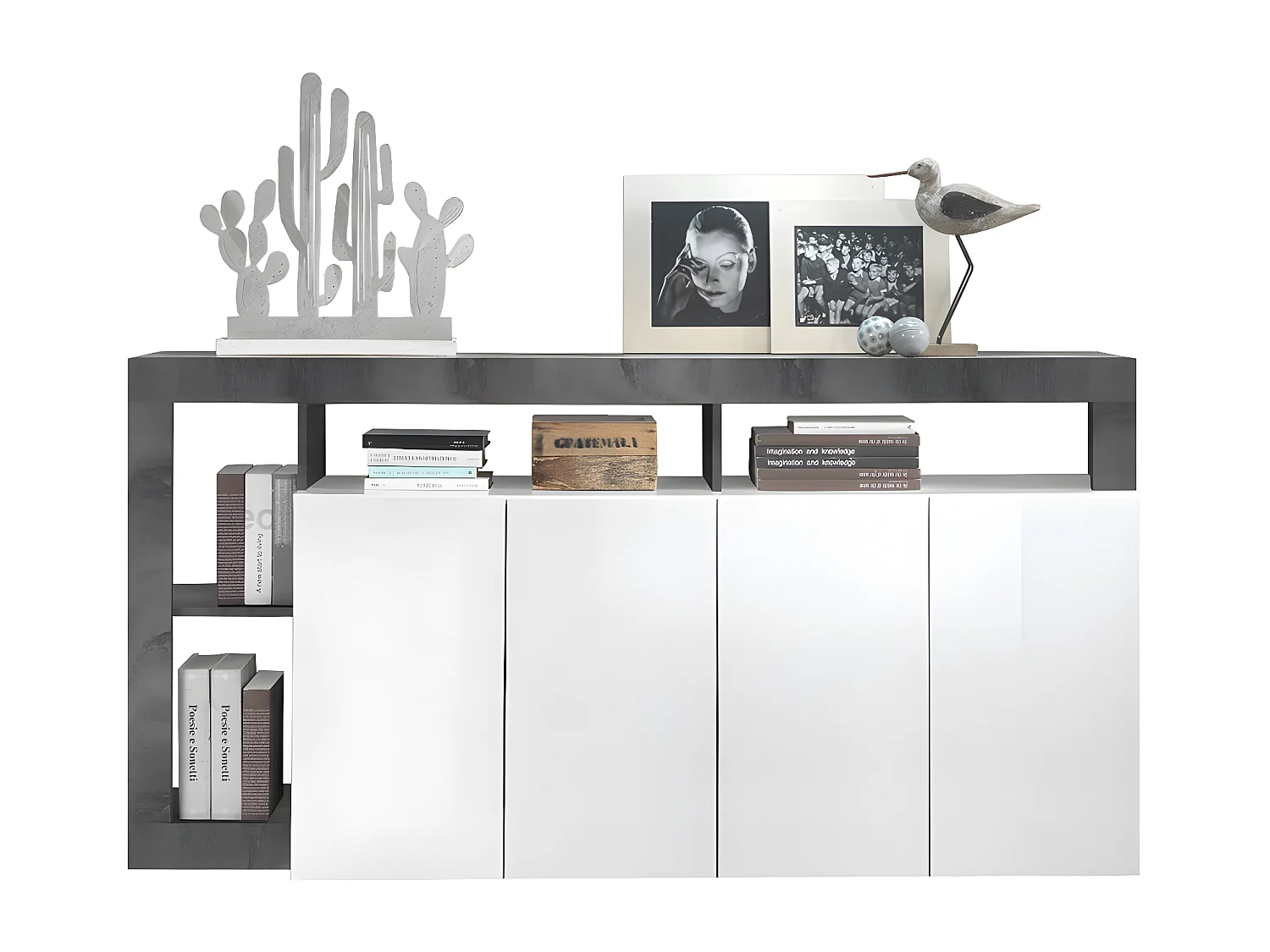 Buffet SEFRO - 4 portes et 4 niches - Blanc laqué et béton