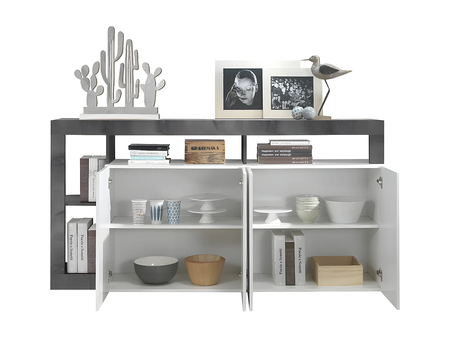 Buffet SEFRO - 4 portes et 4 niches - Blanc laqué et béton