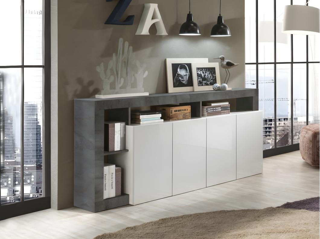 Buffet SEFRO - 4 portes et 4 niches - Blanc laqué et béton