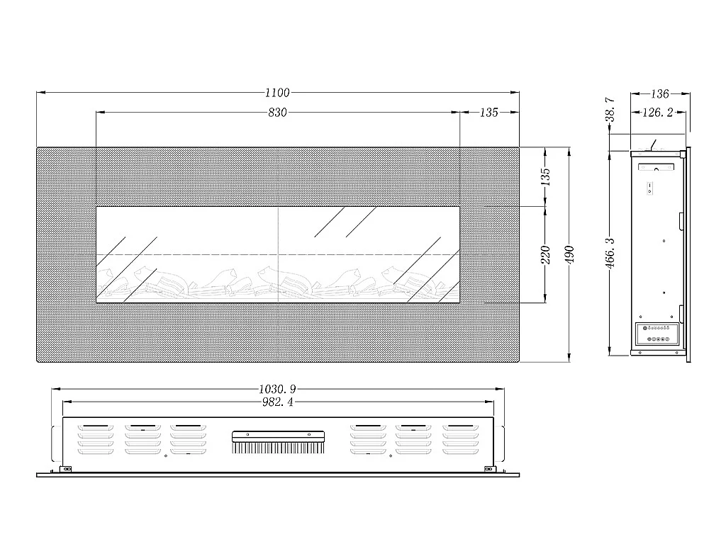 Lareira elétrica de parede LALITA - C110 x L14 x A49 cm - Branco