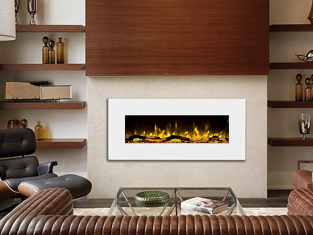 Cheminée électrique murale LALITA - L110 x P14 x H49 cm - Blanc
