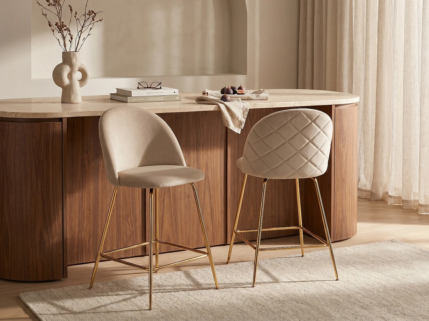 Lot de 2 tabourets de bar en velours et acier inoxydable doré - Beige - MELBOURNE