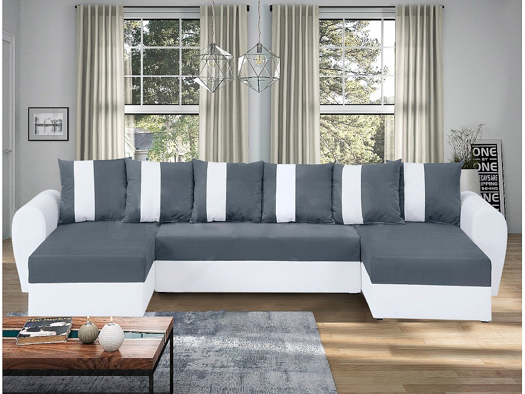 Wohnlandschaft mit Schlaffunktion ATUEL - Stoff & Kunstleder - Weiß & Grau