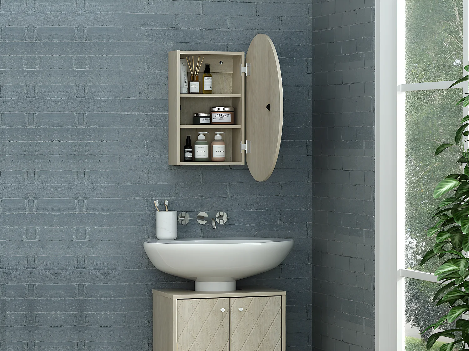 Armoire murale de salle de bain ovale avec miroir - Couleur chêne - RURI