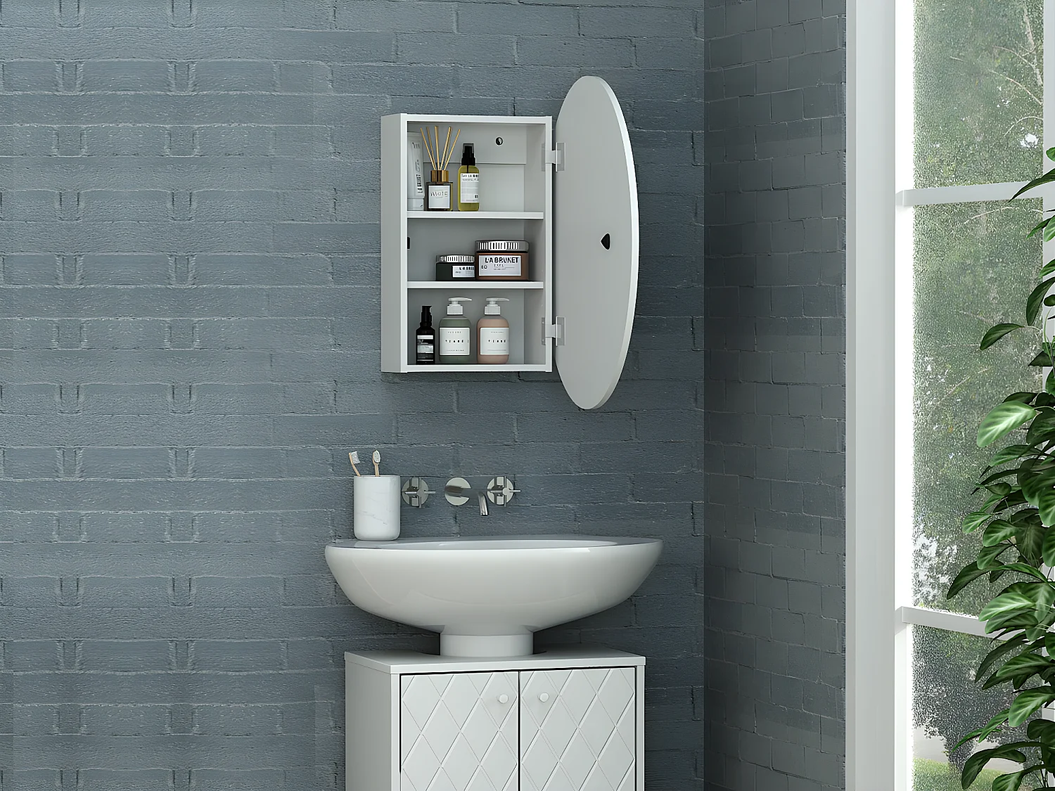 Armoire murale de salle de bain ovale avec miroir - Blanc - RURI