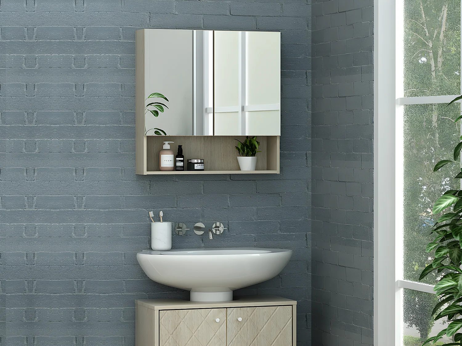 Armadietto a muro da bagno con specchio e nicchia Rovere - ZUMPA